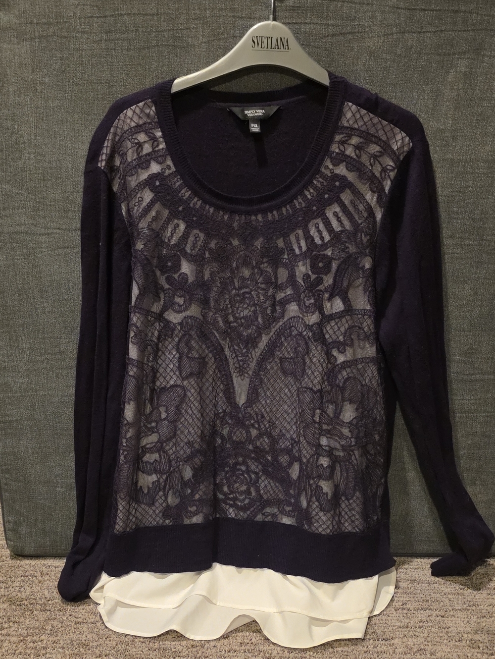 Simply Vera VeraWang Deep Purple Lace-Front Crewneck Sweater White Blouse PXL